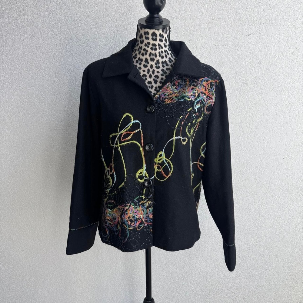 Bala Bala black button up blazer with abstract colorful embroidery